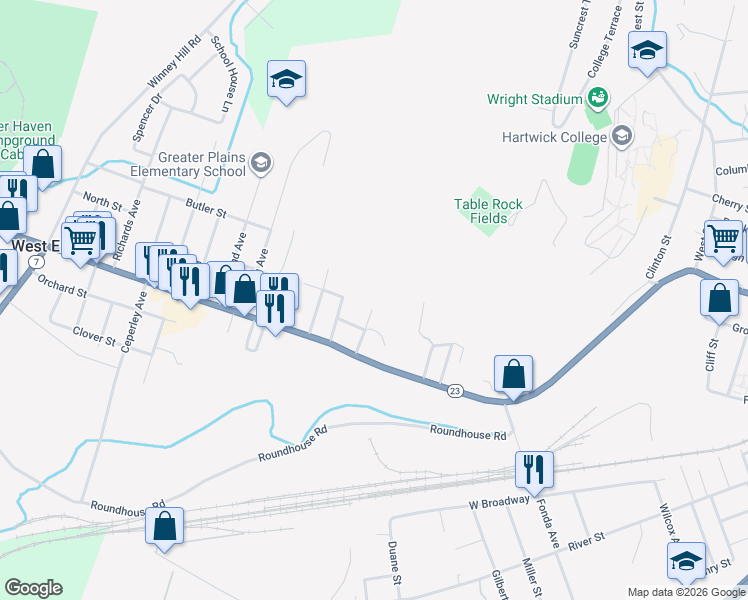 map of restaurants, bars, coffee shops, grocery stores, and more near 23 Pearl Street in Oneonta