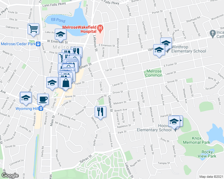 map of restaurants, bars, coffee shops, grocery stores, and more near 419 Lebanon Street in Melrose