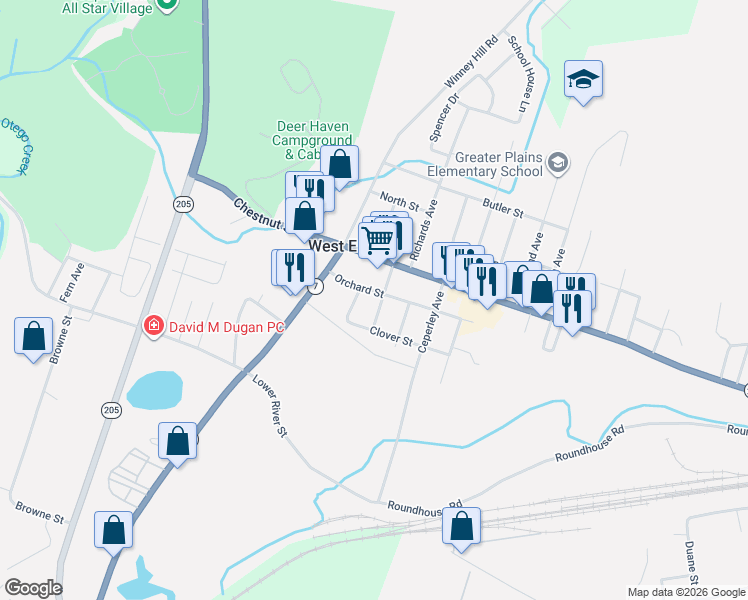 map of restaurants, bars, coffee shops, grocery stores, and more near 1 Shepherd Avenue in Oneonta
