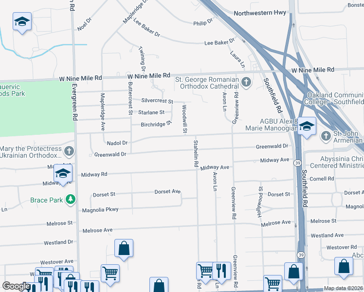 map of restaurants, bars, coffee shops, grocery stores, and more near 19027 Nadol Drive in Southfield