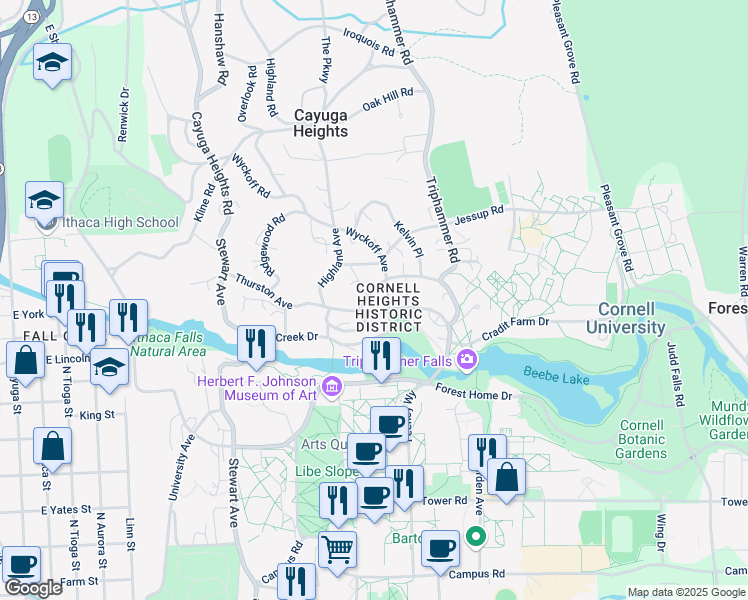 map of restaurants, bars, coffee shops, grocery stores, and more near 410 Thurston Avenue in Ithaca