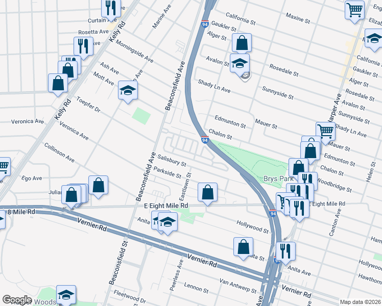 map of restaurants, bars, coffee shops, grocery stores, and more near 1254 Woodbridge Street in St. Clair Shores