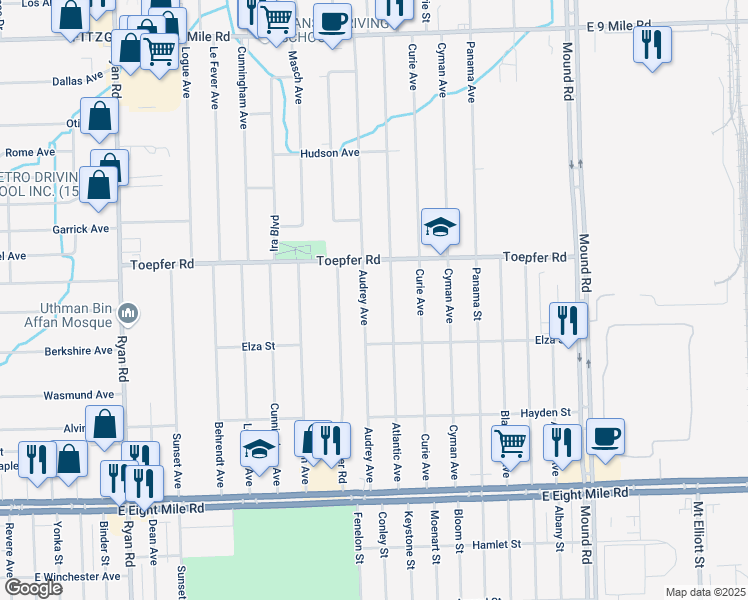 map of restaurants, bars, coffee shops, grocery stores, and more near 21564 Audrey Avenue in Warren
