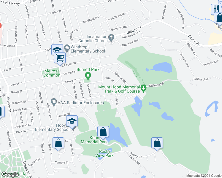 map of restaurants, bars, coffee shops, grocery stores, and more near 46 Sycamore Road in Melrose