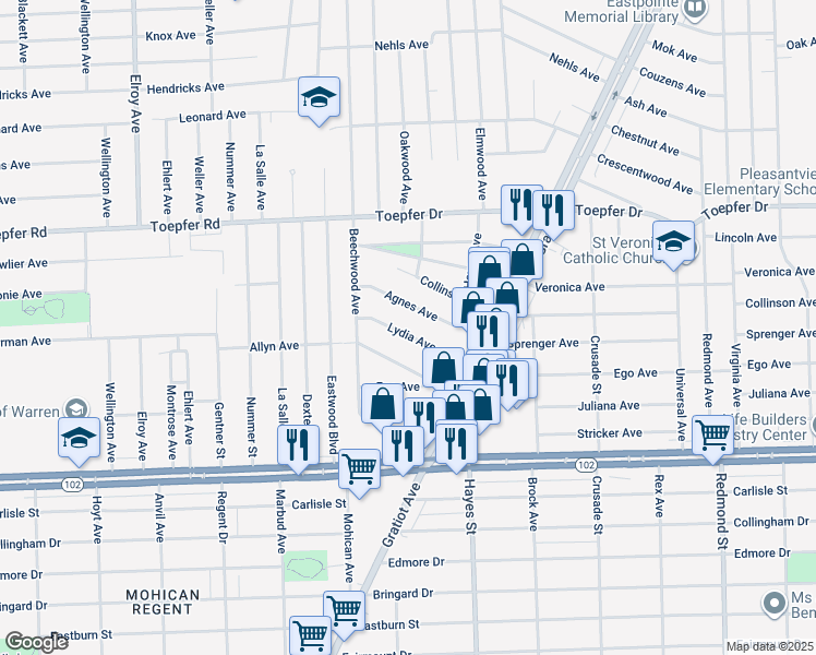 map of restaurants, bars, coffee shops, grocery stores, and more near 14707 Lydia Avenue in Eastpointe