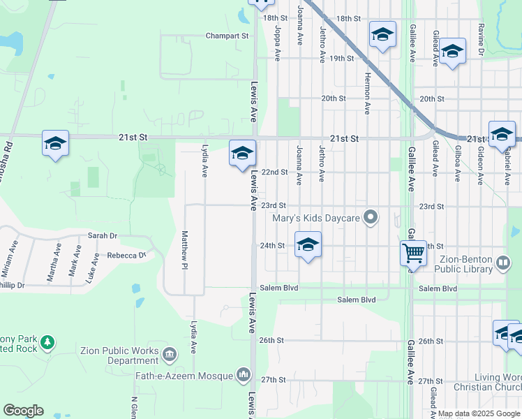 map of restaurants, bars, coffee shops, grocery stores, and more near 2216 Joppa Avenue in Zion