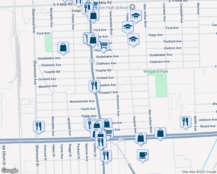 map of restaurants, bars, coffee shops, grocery stores, and more near 8131 Meadow Avenue in Warren