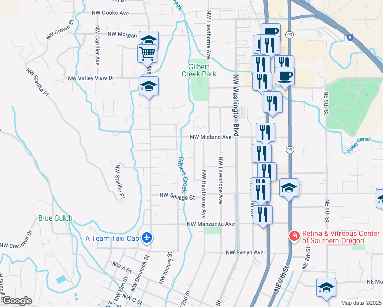 map of restaurants, bars, coffee shops, grocery stores, and more near 1434 Northwest Hawthorne Avenue in Grants Pass