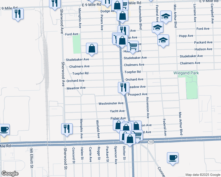 map of restaurants, bars, coffee shops, grocery stores, and more near 7552 Meadow Avenue in Warren