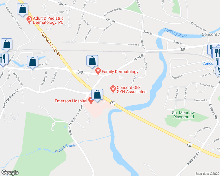 map of restaurants, bars, coffee shops, grocery stores, and more near 57 Old Road to 9 Acre Corner in Concord