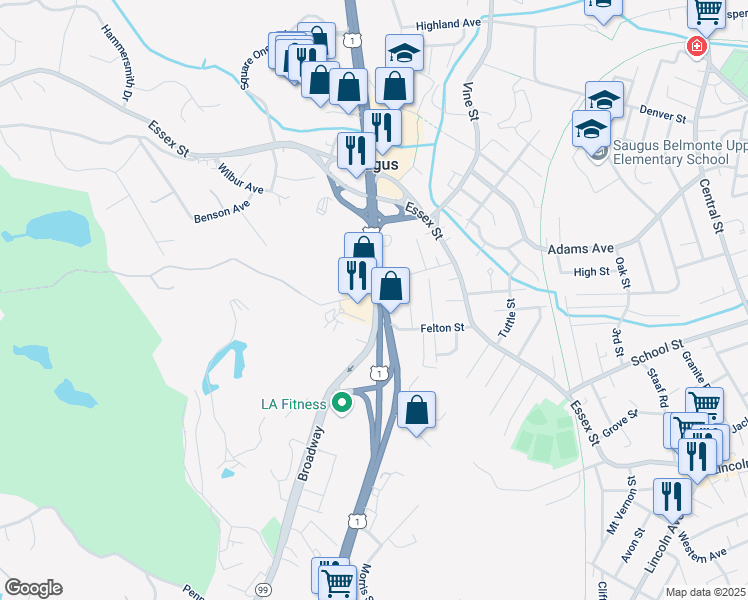 map of restaurants, bars, coffee shops, grocery stores, and more near 1280 Broadway in Saugus