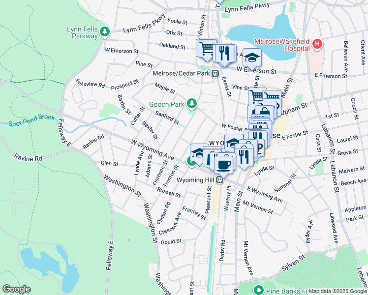 map of restaurants, bars, coffee shops, grocery stores, and more near 137 Florence Street in Melrose