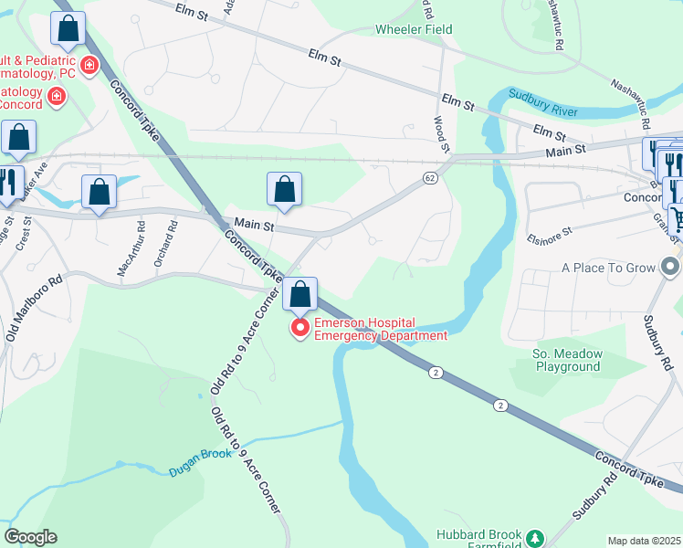 map of restaurants, bars, coffee shops, grocery stores, and more near 57 Old Road to 9 Acre Corner in Concord