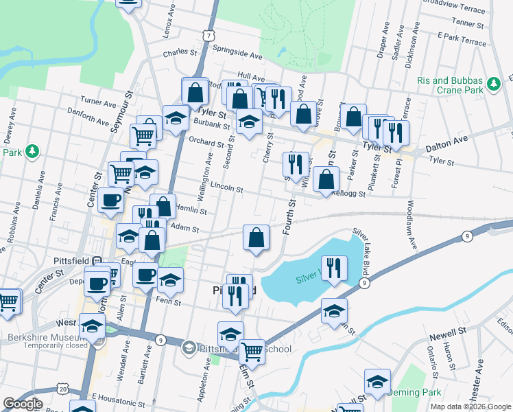map of restaurants, bars, coffee shops, grocery stores, and more near 111 Lincoln Street in Pittsfield