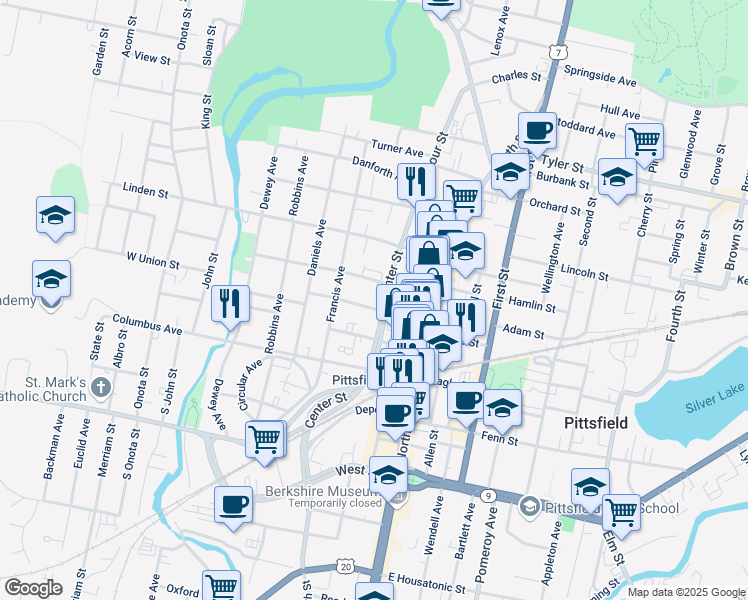 map of restaurants, bars, coffee shops, grocery stores, and more near 143 Bradford Street in Pittsfield
