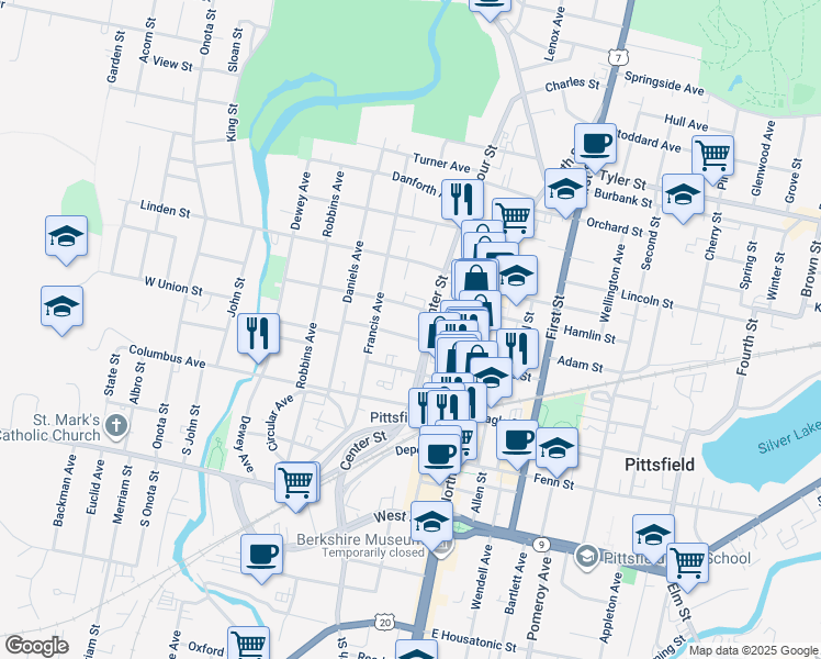 map of restaurants, bars, coffee shops, grocery stores, and more near 143 Bradford Street in Pittsfield