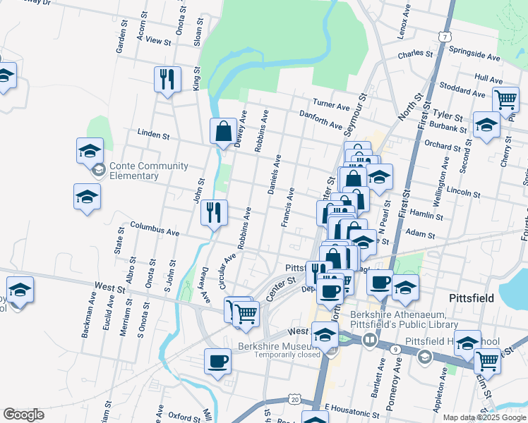 map of restaurants, bars, coffee shops, grocery stores, and more near in Pittsfield