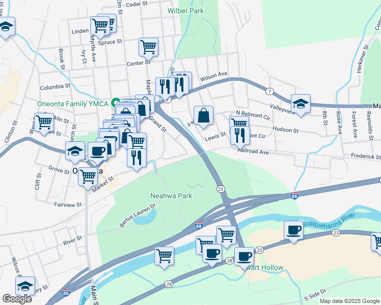 map of restaurants, bars, coffee shops, grocery stores, and more near 35 Grand Street in Oneonta