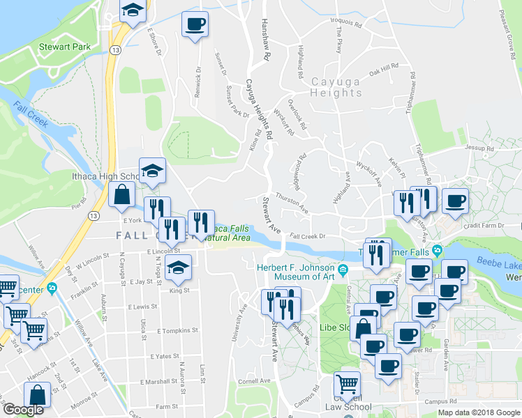map of restaurants, bars, coffee shops, grocery stores, and more near 1 Edgecliff Place in Ithaca