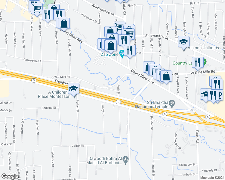 map of restaurants, bars, coffee shops, grocery stores, and more near 31540 Freedom Road in Farmington Hills
