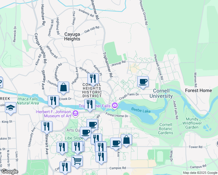 map of restaurants, bars, coffee shops, grocery stores, and more near in Ithaca