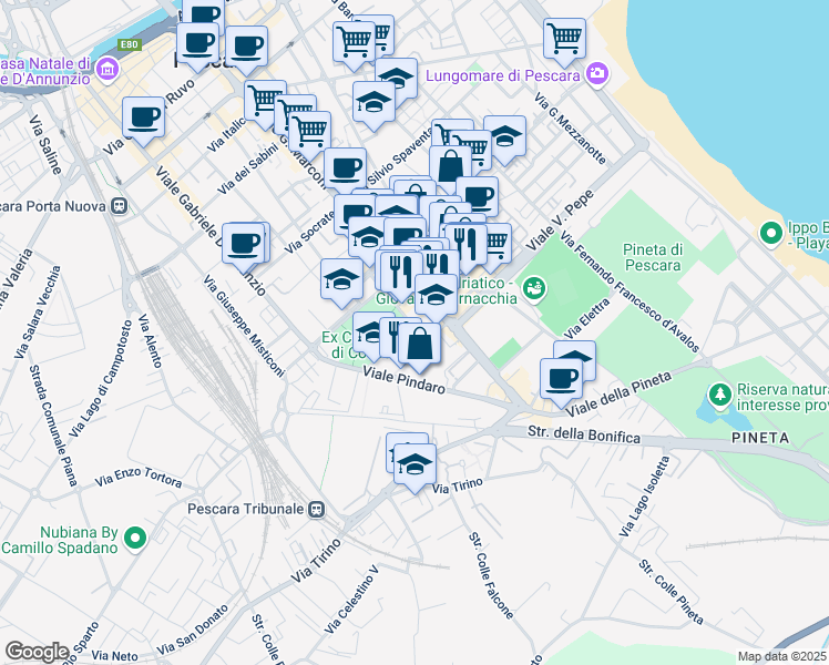 map of restaurants, bars, coffee shops, grocery stores, and more near 304 Viale Guglielmo Marconi in Pescara