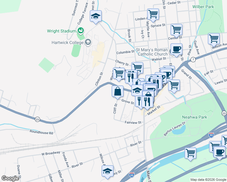 map of restaurants, bars, coffee shops, grocery stores, and more near 15 Spring Street in Oneonta