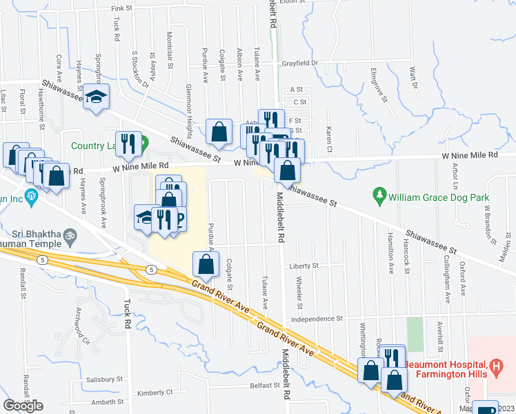 map of restaurants, bars, coffee shops, grocery stores, and more near 22055 Tulane Avenue in Farmington Hills