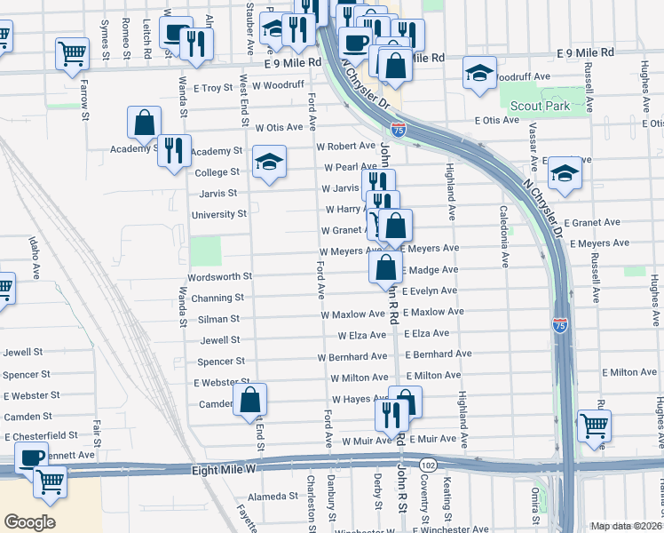 map of restaurants, bars, coffee shops, grocery stores, and more near 141 West Meyers Avenue in Hazel Park