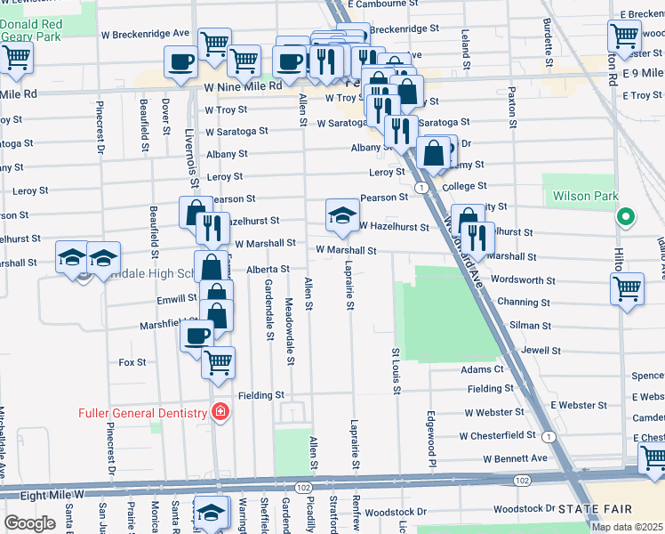 map of restaurants, bars, coffee shops, grocery stores, and more near 925 Laprairie Street in Ferndale