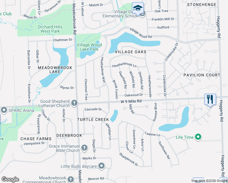 map of restaurants, bars, coffee shops, grocery stores, and more near 22511 Brook Forest in Novi