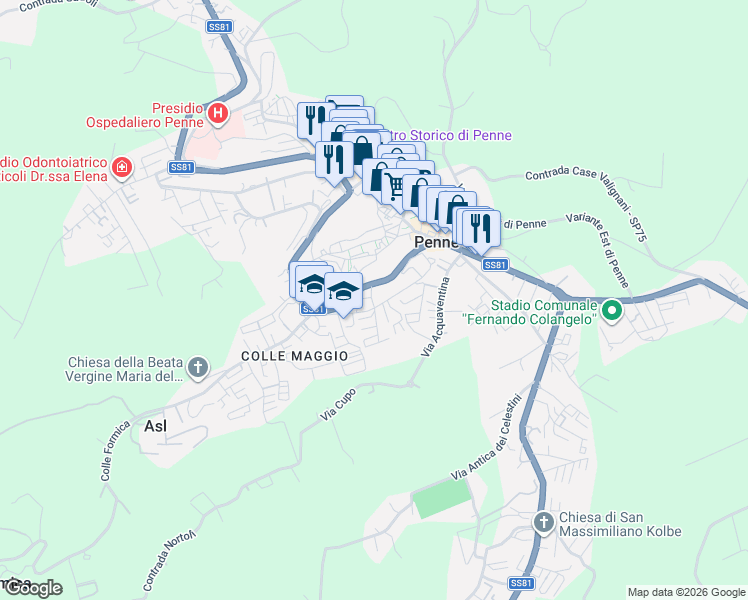 map of restaurants, bars, coffee shops, grocery stores, and more near 500 Circonvallazione Aldo Moro in Penne
