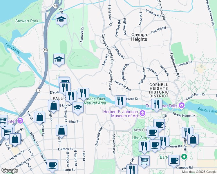 map of restaurants, bars, coffee shops, grocery stores, and more near 934 Stewart Avenue in Ithaca