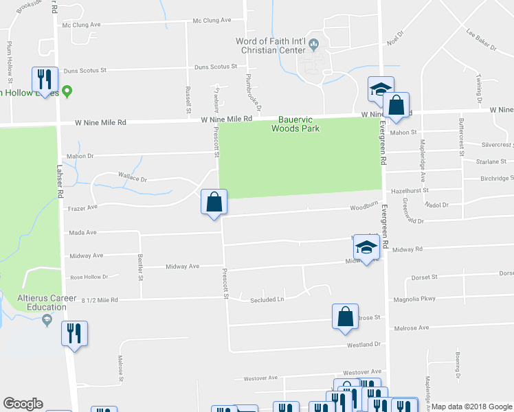 map of restaurants, bars, coffee shops, grocery stores, and more near 20630 Woodburn Drive in Southfield