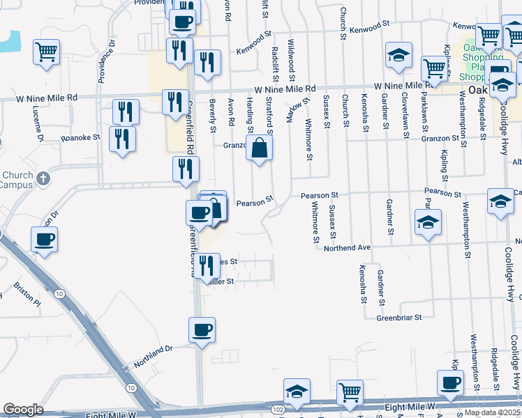 map of restaurants, bars, coffee shops, grocery stores, and more near 15200 Pearson Street in Oak Park