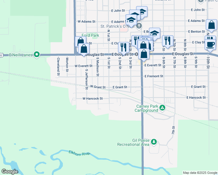 map of restaurants, bars, coffee shops, grocery stores, and more near 100 West Grant Street in O'Neill