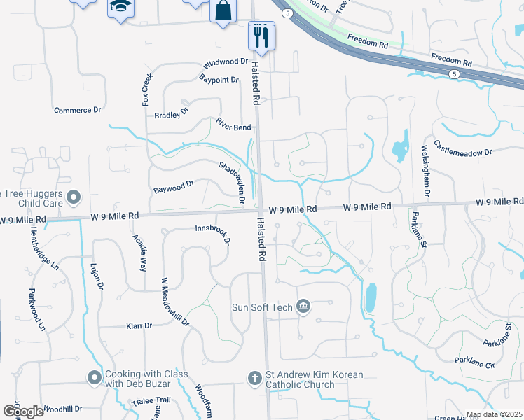 map of restaurants, bars, coffee shops, grocery stores, and more near West 9 Mile Road & Halsted Road in Farmington Hills