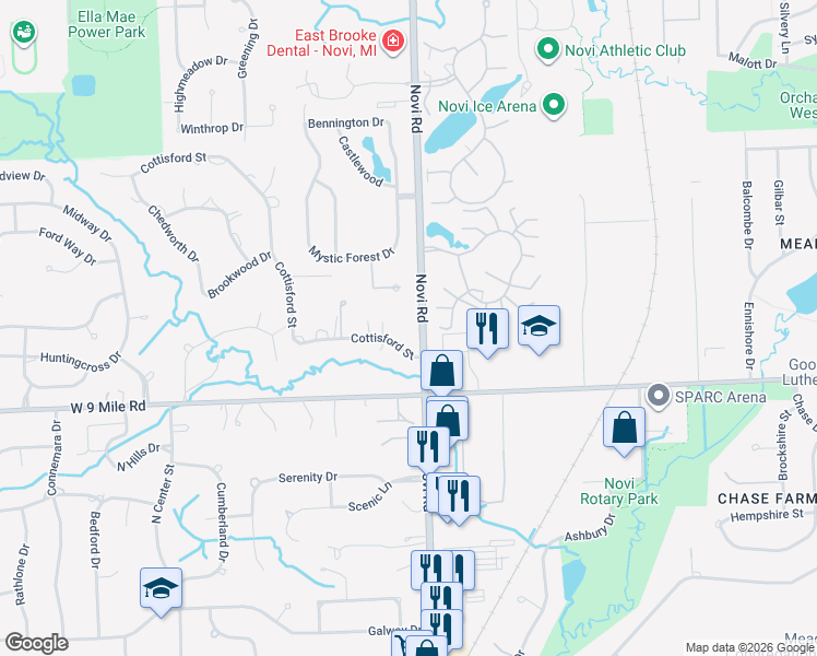 map of restaurants, bars, coffee shops, grocery stores, and more near 43443 Mclean Court in Novi