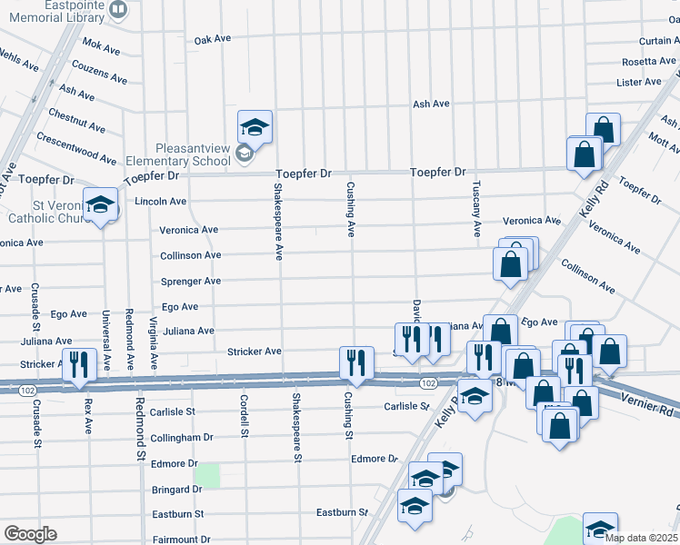 map of restaurants, bars, coffee shops, grocery stores, and more near 16845 Sprenger Avenue in Eastpointe