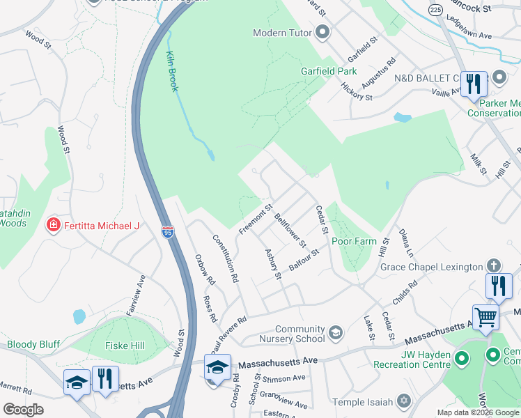 map of restaurants, bars, coffee shops, grocery stores, and more near 33 Freemont Street in Lexington