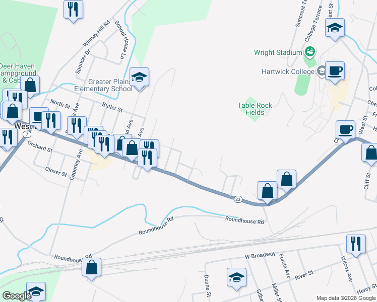 map of restaurants, bars, coffee shops, grocery stores, and more near 23 Pearl St in Oneonta