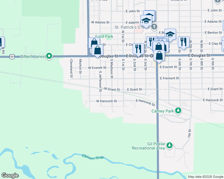 map of restaurants, bars, coffee shops, grocery stores, and more near West Grant Street in O'Neill