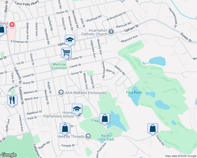 map of restaurants, bars, coffee shops, grocery stores, and more near 28 Hunnewell Street in Melrose