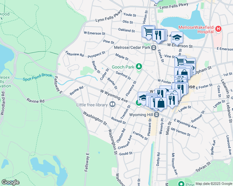 map of restaurants, bars, coffee shops, grocery stores, and more near 24 Cleveland Street in Melrose