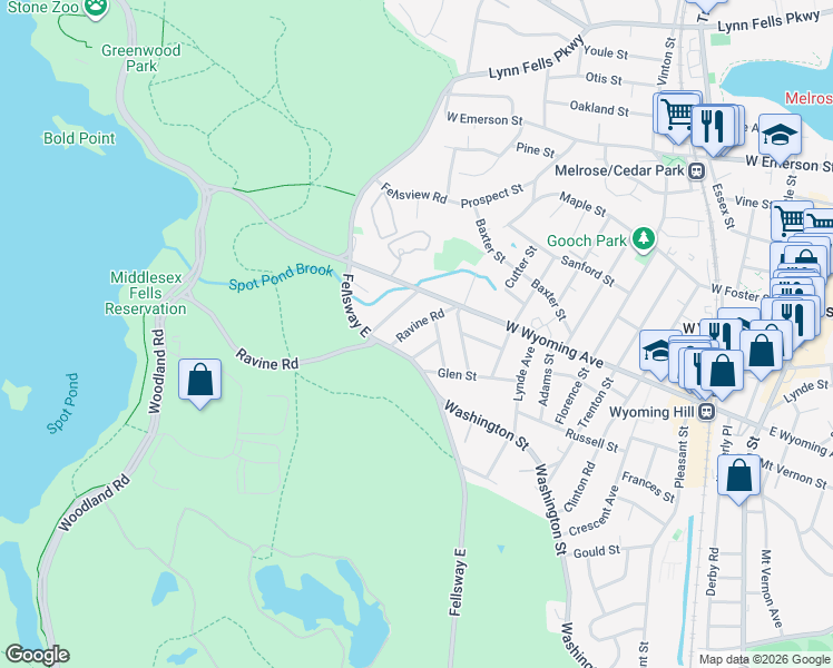 map of restaurants, bars, coffee shops, grocery stores, and more near 32 Ravine Road in Stoneham