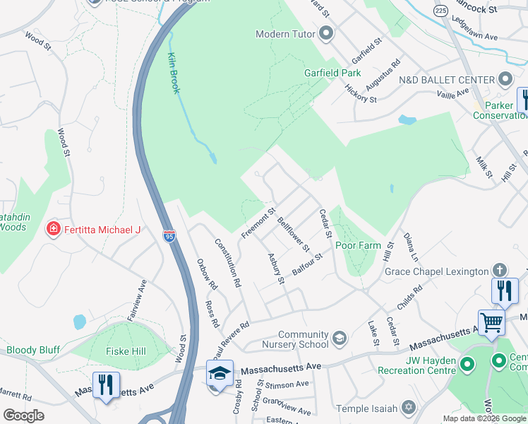 map of restaurants, bars, coffee shops, grocery stores, and more near 33 Freemont Street in Lexington