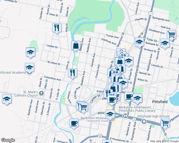 map of restaurants, bars, coffee shops, grocery stores, and more near in Pittsfield
