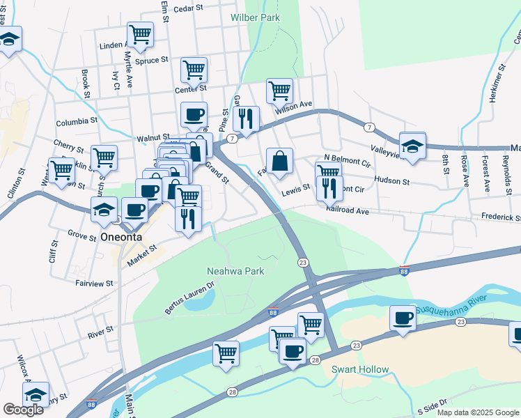 map of restaurants, bars, coffee shops, grocery stores, and more near 35 Grand Street in Oneonta