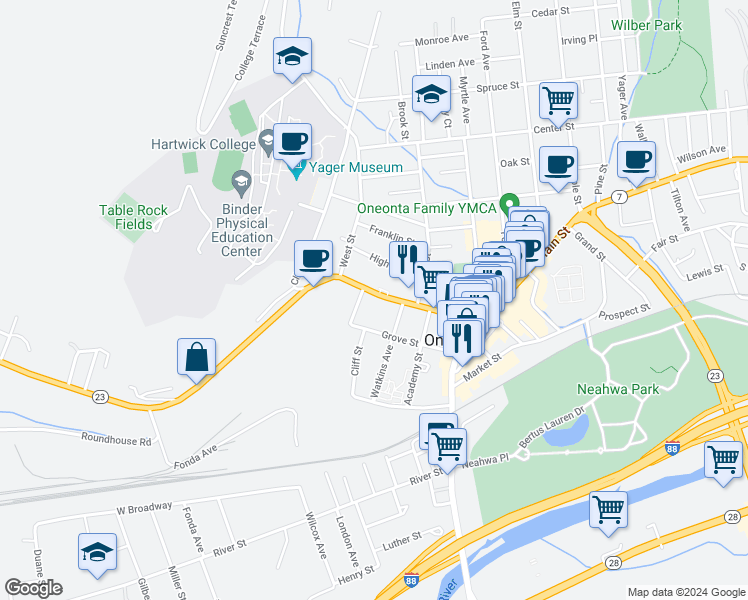 map of restaurants, bars, coffee shops, grocery stores, and more near 80-92 New York 7 in Oneonta
