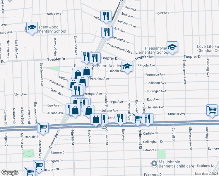 map of restaurants, bars, coffee shops, grocery stores, and more near 15525 Collinson Avenue in Eastpointe